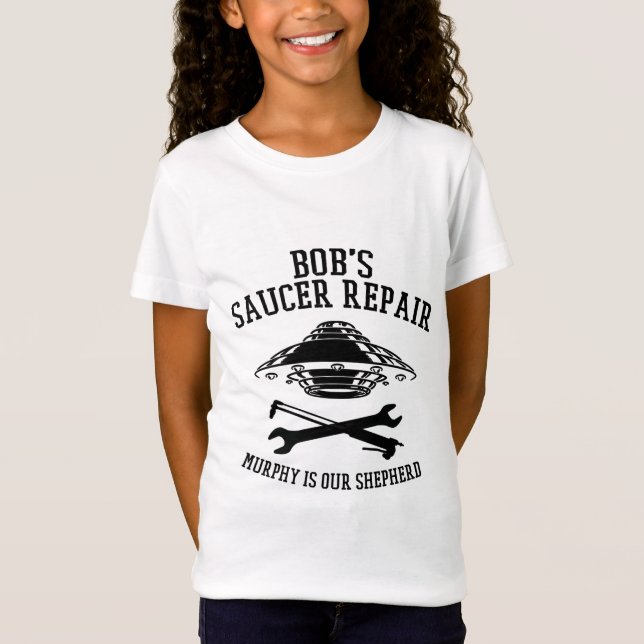 girl's t-shirt with black Bob's Saucer Repair logo (Front)