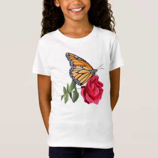 Girls T-Shirt with Monarch Butterfly on Red Rose