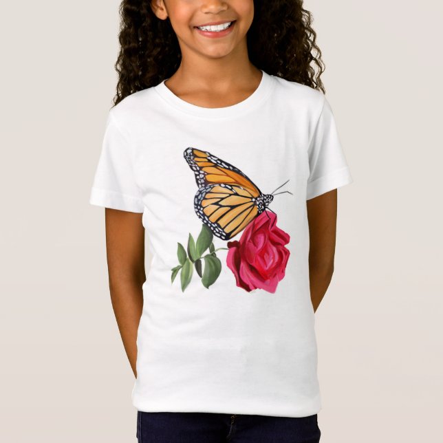Girls T-Shirt with Monarch Butterfly on Red Rose (Front)