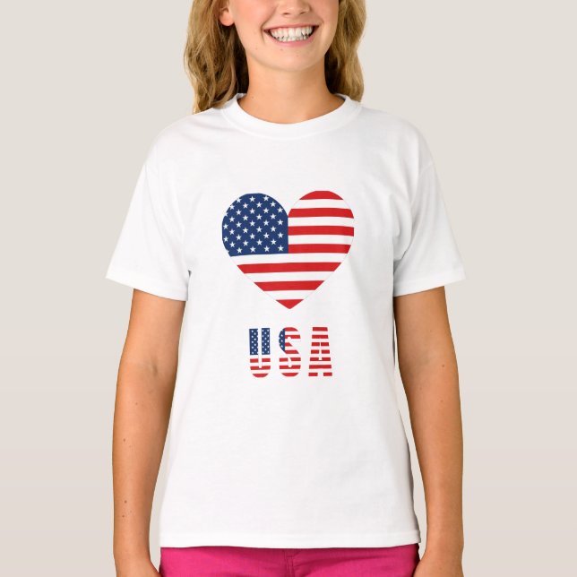 Girl's T-Shirt with USA Flag Heart Design (Front)