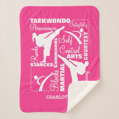 Girls Taekwondo Martial Arts Theme Pink White Fun Sherpa Blanket