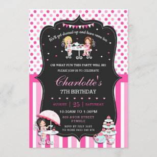 Girls Tea Party Birthday Hot Pink Polka Dots Invitation