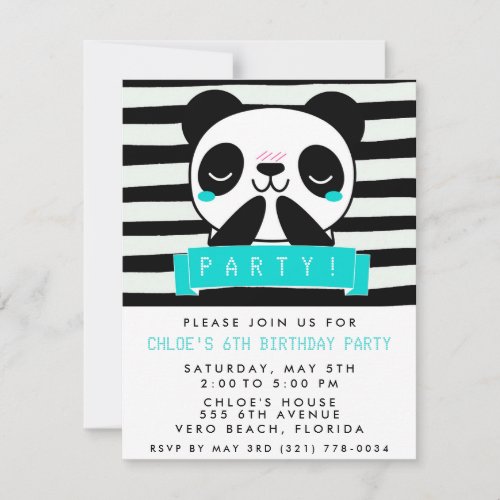 Girls Teal and Black Cute Panda Birthday Party Invitation