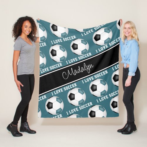 girls teal black soccer balls text pattern  fleece blanket