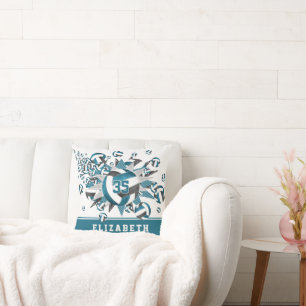 girls teal black volleyballs stars athlete name throw pillow