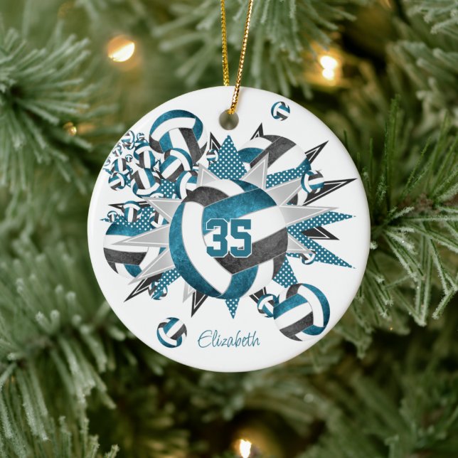 girls teal black volleyballs stars keepsake ceramic ornament (Tree)