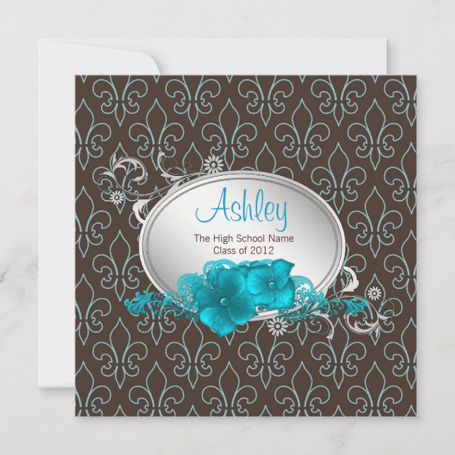 Girls Teal Blue Brown Fleur De Lis Graduation Invitation (Front)