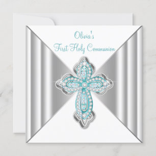 Girls Teal Blue First Communion Invitation