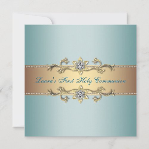 Girls Teal Blue First Communion Personalized Announcements