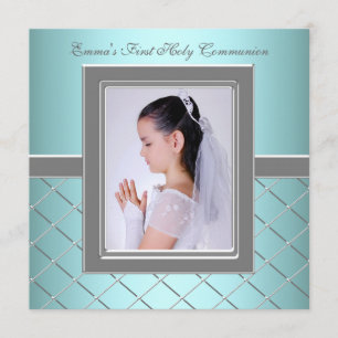Girls Teal Blue Photo First Communion Invitation