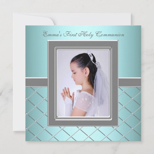 Girls Teal Blue Photo First Communion Custom Invitation