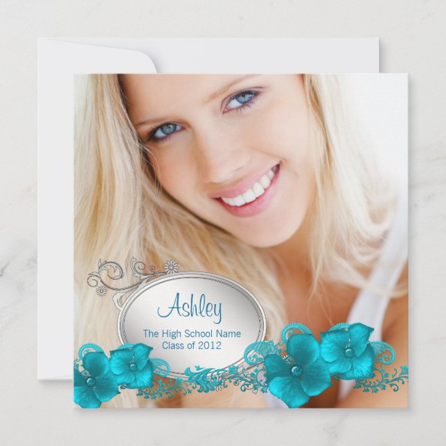 Girls Teal Blue Photo Graduation Announcements (Front)
