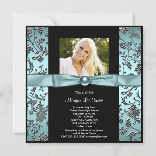 Girls Teal Blue Photo Graduation Custom Announcements