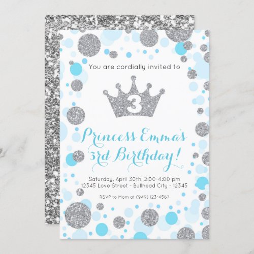 Girls Teal Blue Silver Glitter Princess Birthday Invitation