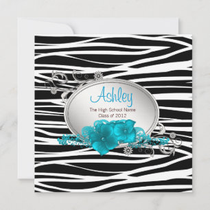 Girls Teal Blue Zebra Graduation Announcements