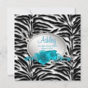Girls Teal Blue Zebra Graduation Announcements