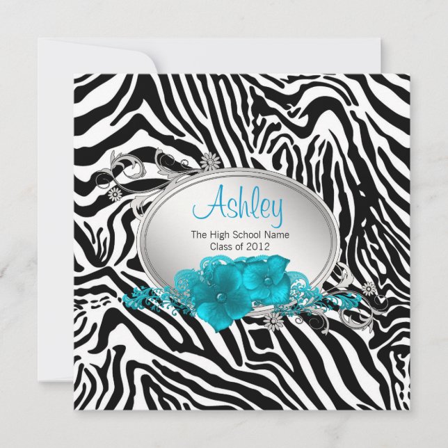 Girls Teal Blue Zebra Graduation Announcements (Front)