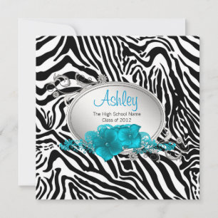 Girls Teal Blue Zebra Graduation Announcements