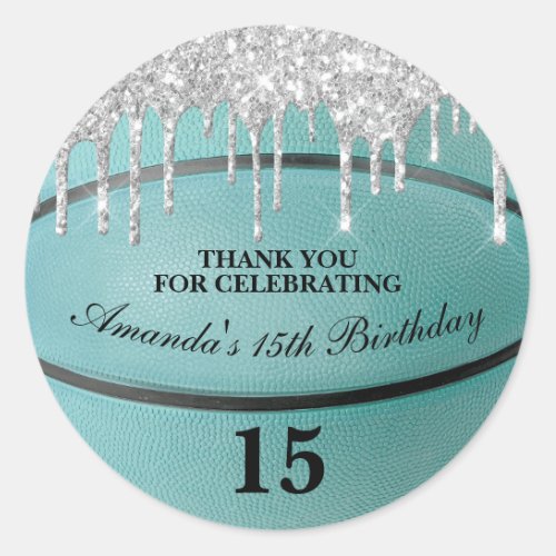 Girls Teal Glitter Drip Basketball Party Favor Classic Round Sticker