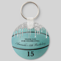 Girls Teal Glitter Drip Basketball Party Favor Keychain