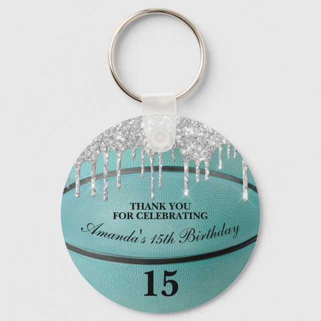 Girls Teal Glitter Drip Basketball Party Favor Keychain (Front)