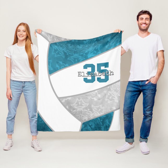 girls teal gray volleyball custom name fleece blanket (In Situ)