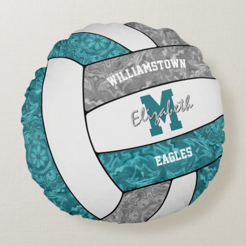 Girls teal gray volleyball team colors gift ideas  round pillow