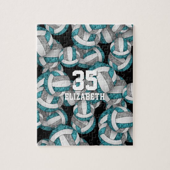 Girls teal gray volleyballs pattern personalized jigsaw puzzle