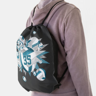girls teal gray volleyballs stars jersey number drawstring bag
