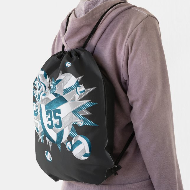 girls teal gray volleyballs stars jersey number  drawstring bag (Insitu)