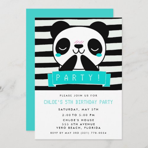 Girls Teal Panda 5th Birthday Party Invitation