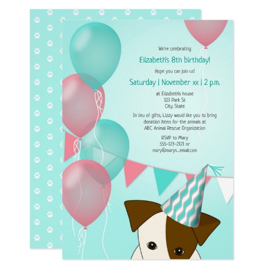 girls teal pink balloons puppy birthday party invitation