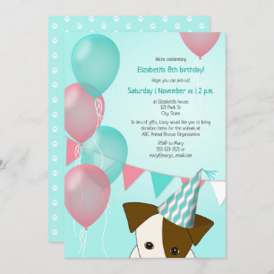 girls teal pink balloons puppy birthday party invitation