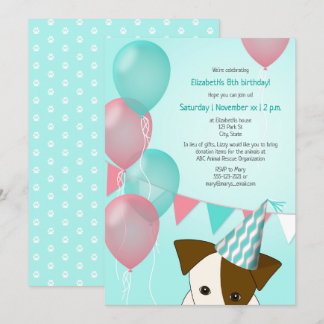 girls teal pink balloons puppy birthday party invitation