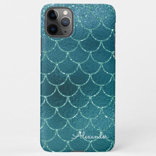 Girls Teal Turquoise Mermaid Scales Monogram Named iPhone 11Pro Max Case