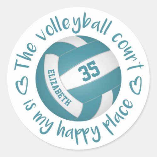 girls teal white volleyball happy place typography classic round sticker