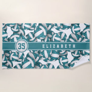 Girls teal white volleyballs pattern personalized beach towel