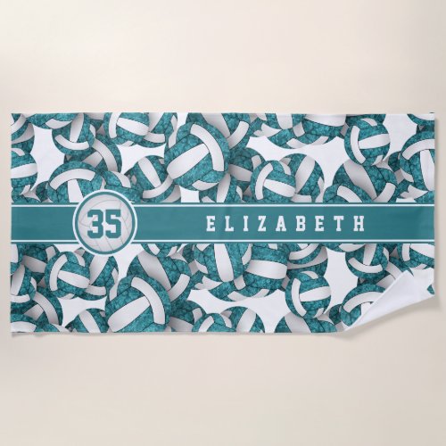 Girls teal white volleyballs pattern personalized beach towel