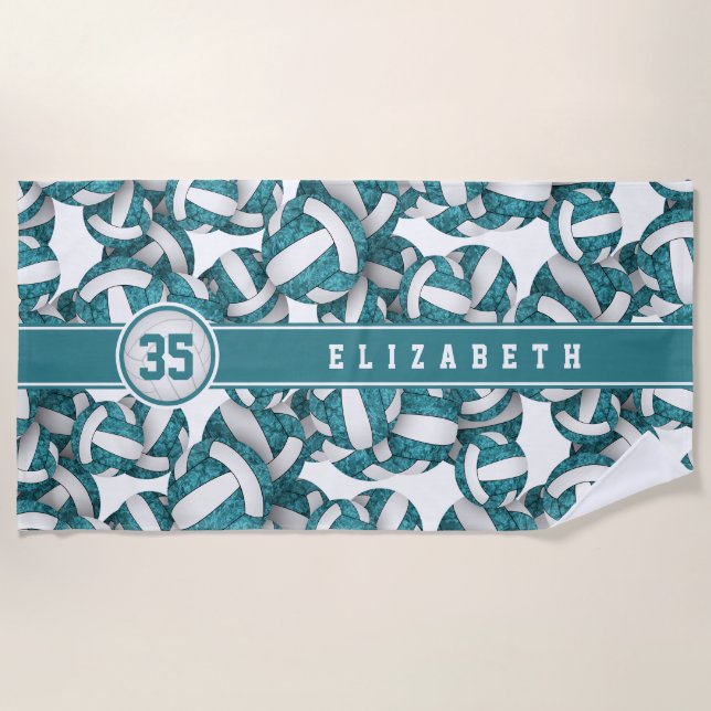 Girls teal white volleyballs pattern personalized beach towel (Front)