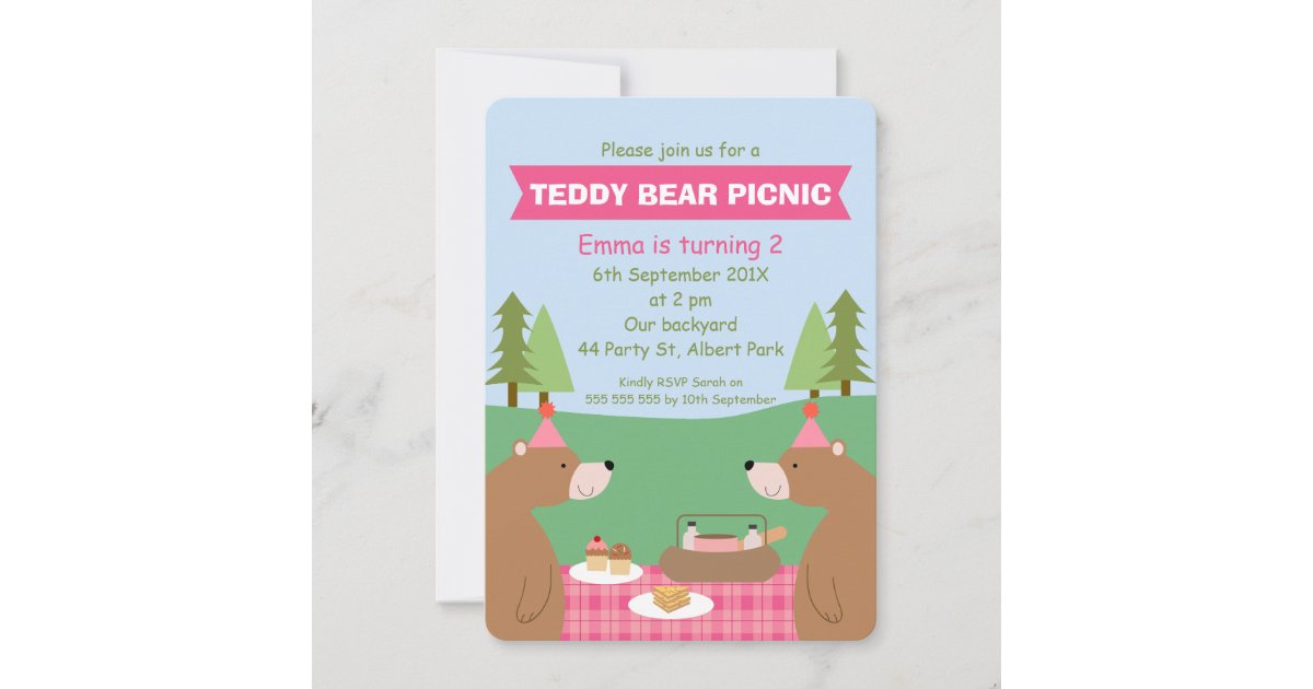 Girls Teddy Bear Picnic Banner Birthday Invitation | Zazzle