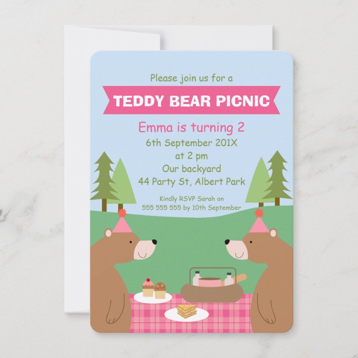 Girls Teddy Bear Picnic Banner Birthday Invitation | Zazzle