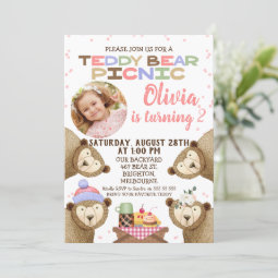 Girls Teddy Bear Picnic Photo Birthday Invitation | Zazzle