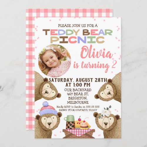 Girls Teddy Bear Picnic Photo Birthday Invitation
