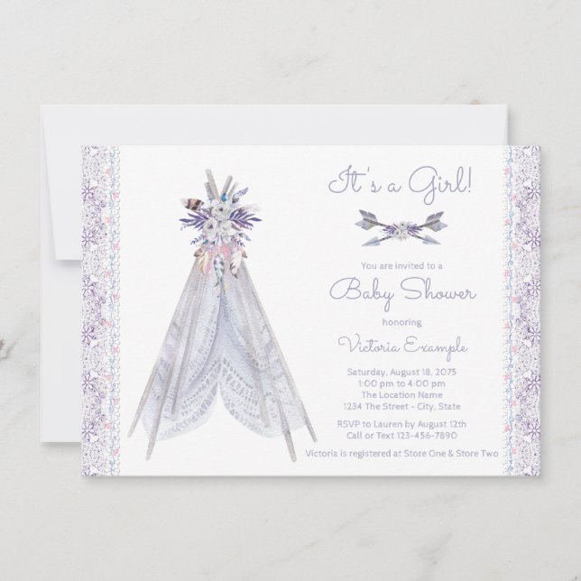 Girls Teepee Baby Shower Invitation Lavender Lace (Front)