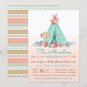 Girls TeePee Baby Shower Invitations