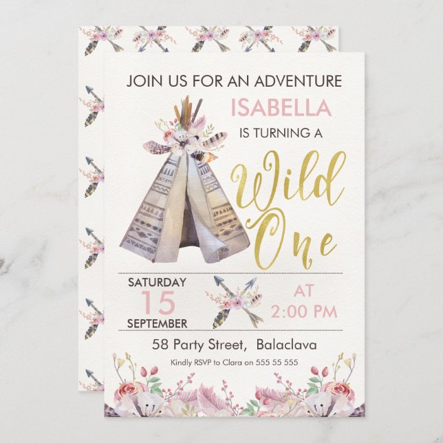 Girl's Teepee Wild One 1st Birthday Invitation (Front/Back)