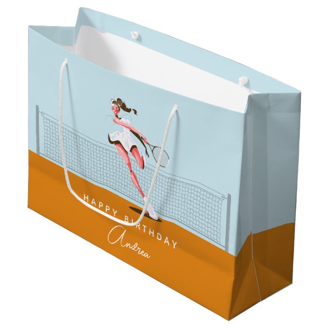Girl's Tennis Player Birthday Cartoon & Name Large Gift Bag (Front Angled)