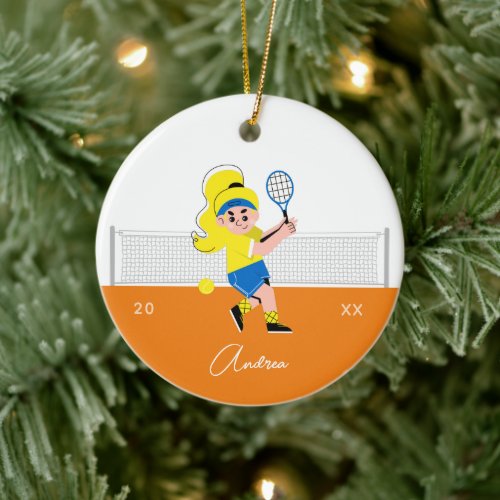 Girl's Tennis Player Blond Hair Kid's Name &amp; Year Ceramic Ornament