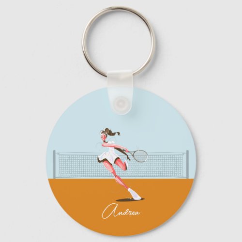 Girls Tennis Player Cartoon Illustration  Name Keychain