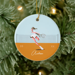 Girl's Tennis Player Cartoon Name & Year Dated Ceramic Ornament